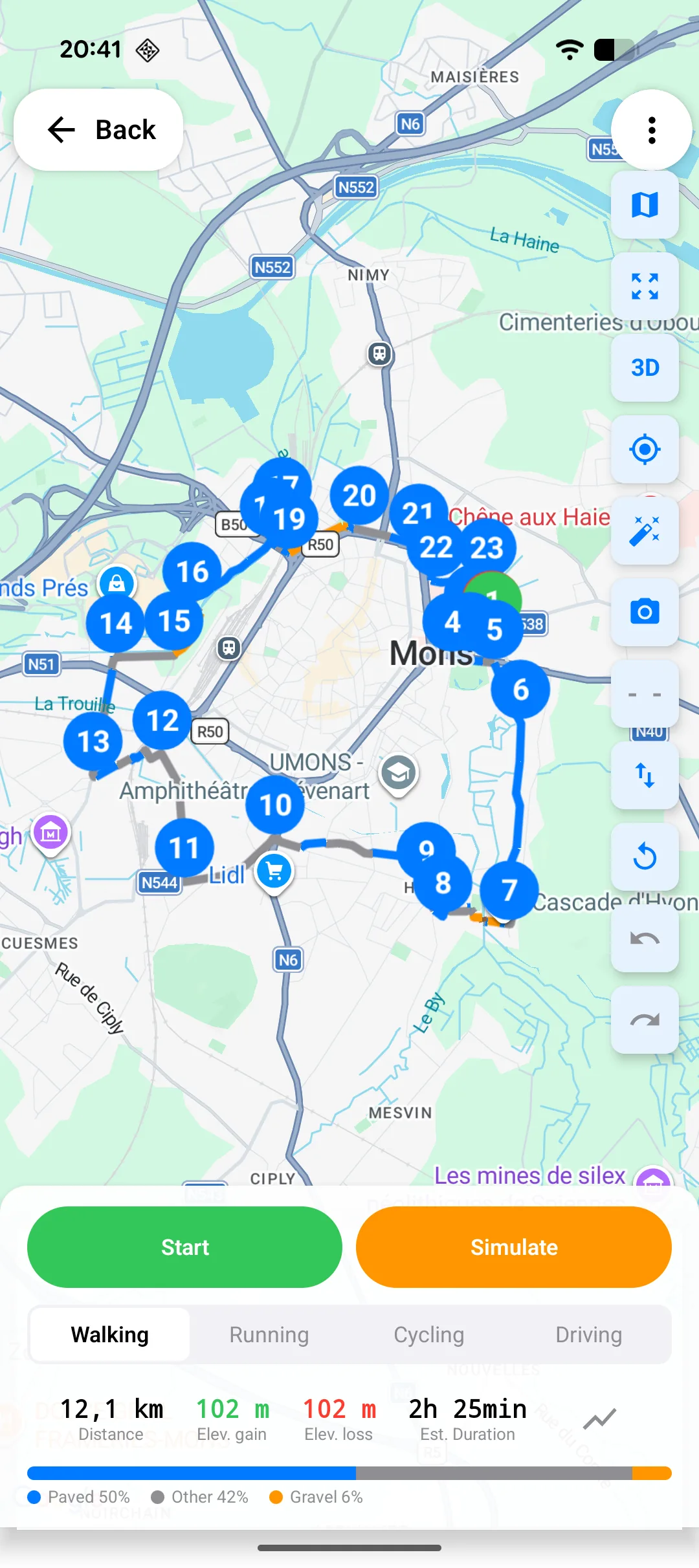 Parcours suggéré généré automatiquement à Mons avec 23 waypoints en boucle, 12,1 km à pied, dénivelé 102 m
