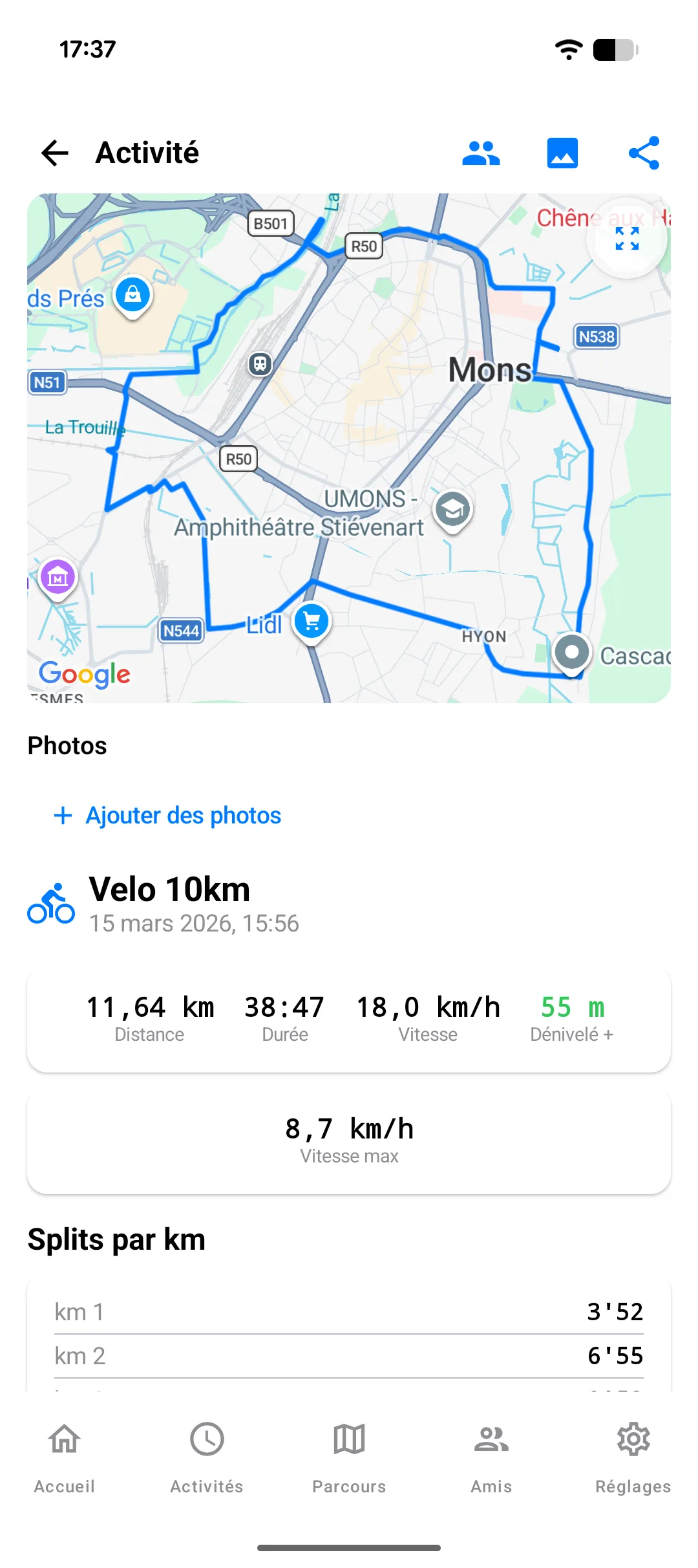 Détail d'activité Android : carte, splits par kilomètre avec allures détaillées, vitesse max et dénivelé