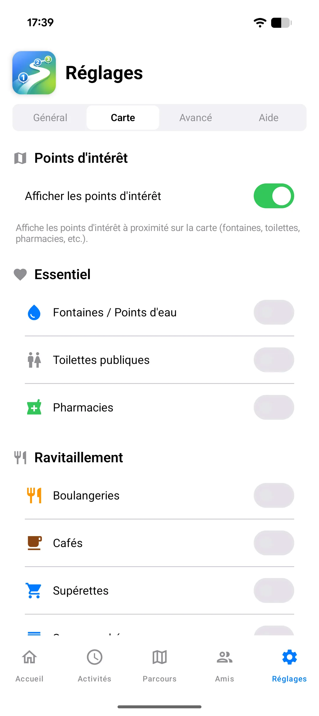 Réglages Carte avec points d'intérêt : fontaines, toilettes publiques, pharmacies, boulangeries, cafés, supérettes