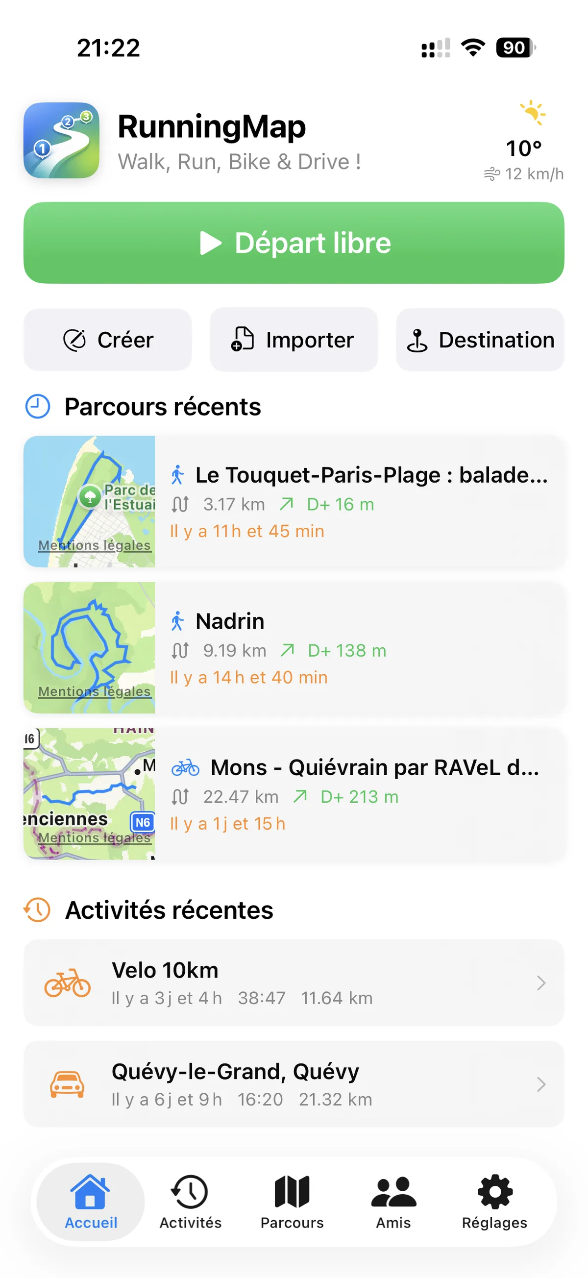 Écran d'accueil RunningMap : logo, météo, bouton Départ libre, parcours récents, activités récentes
