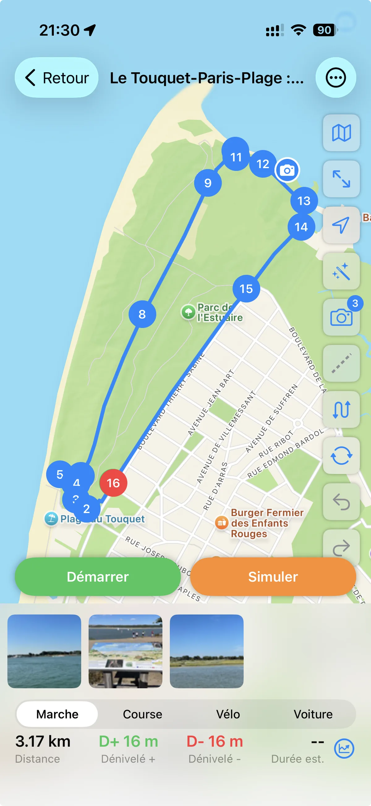Création de parcours au Touquet : 16 waypoints numérotés, segments libres, photos sur la carte