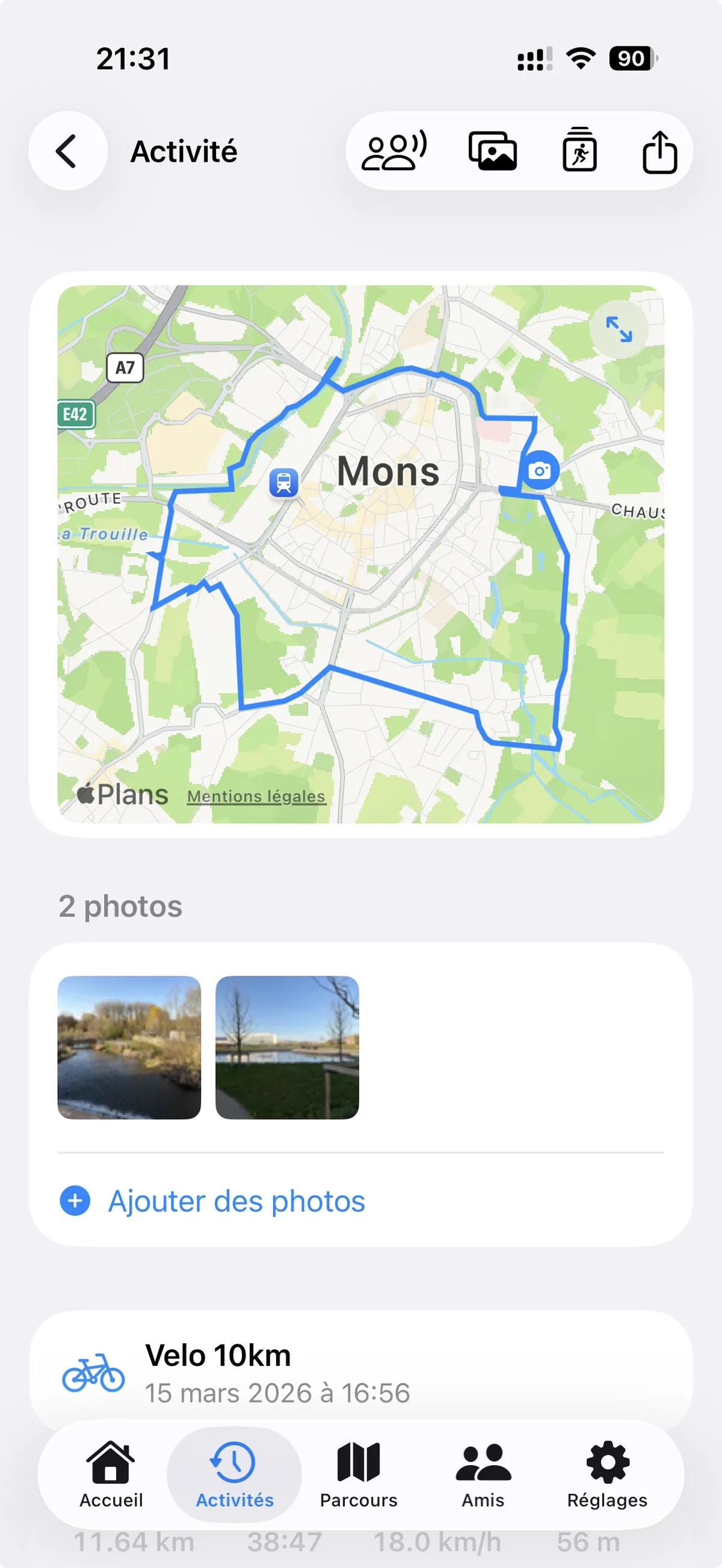 Détail d'une activité vélo à Mons avec carte et photos géolocalisées affichées en miniature