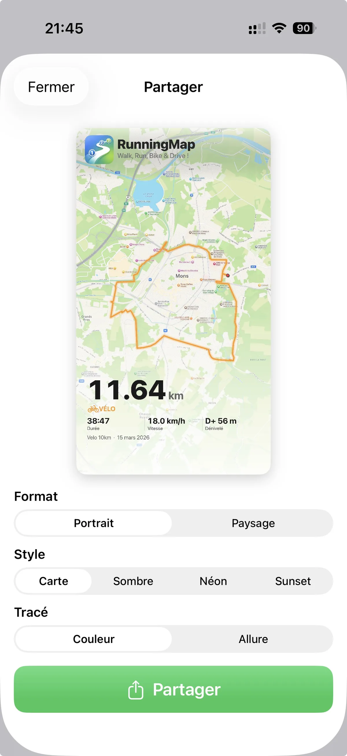 Carte de partage personnalisable : choix du format, du style (Carte, Sombre, Néon, Sunset) et du type de tracé
