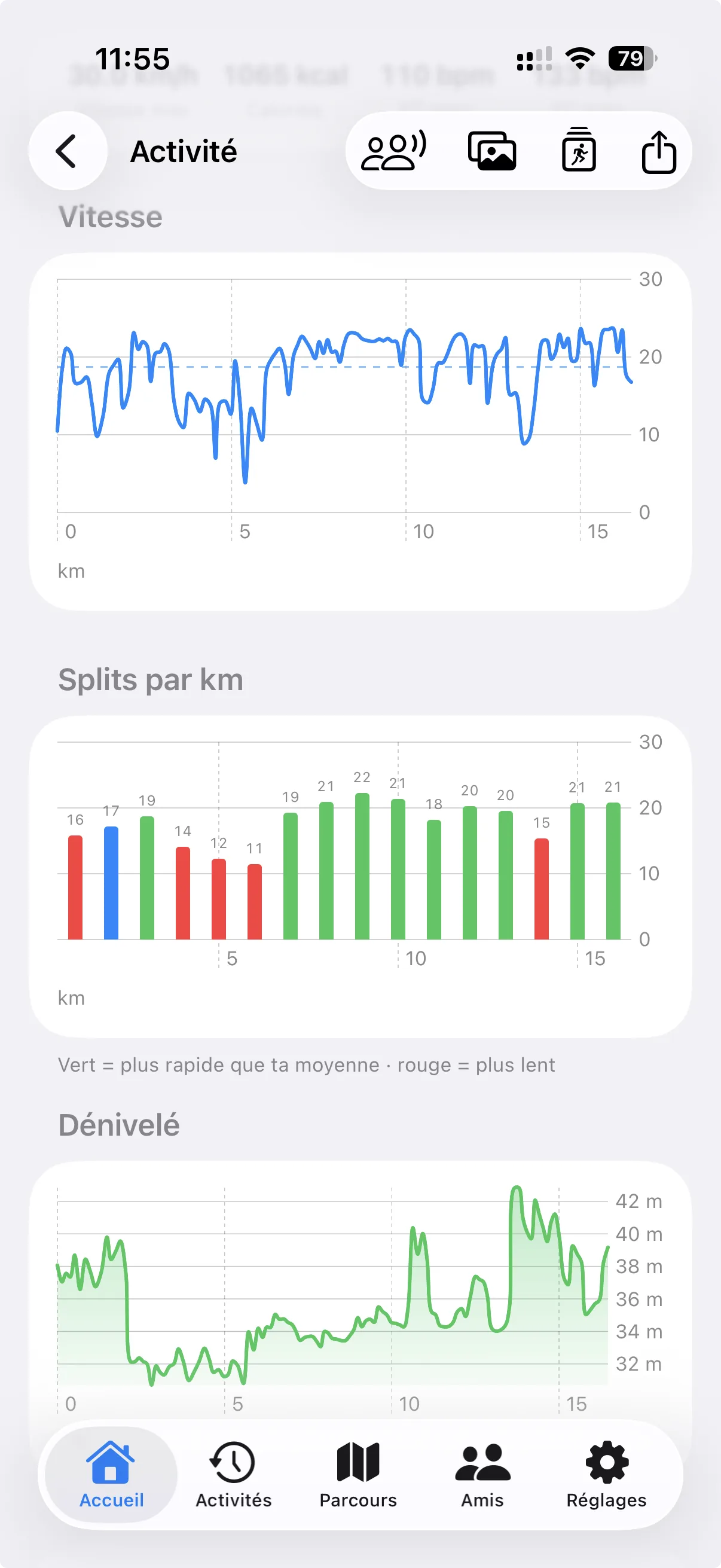 Détail d'activité iOS : courbe de vitesse, splits par kilomètre (vert plus rapide / rouge plus lent que la moyenne) et profil de dénivelé