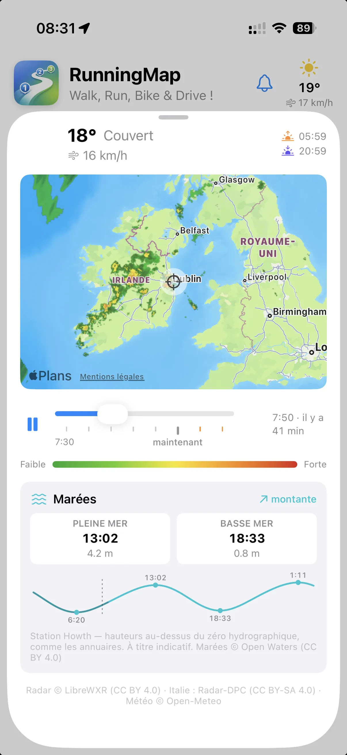 Fiche météo : panneau Marées indiquant pleine mer à 13:02 (4,2 m), basse mer à 18:33 (0,8 m) et la courbe sur 24 h, sous le radar de pluie et les heures de lever et coucher du soleil