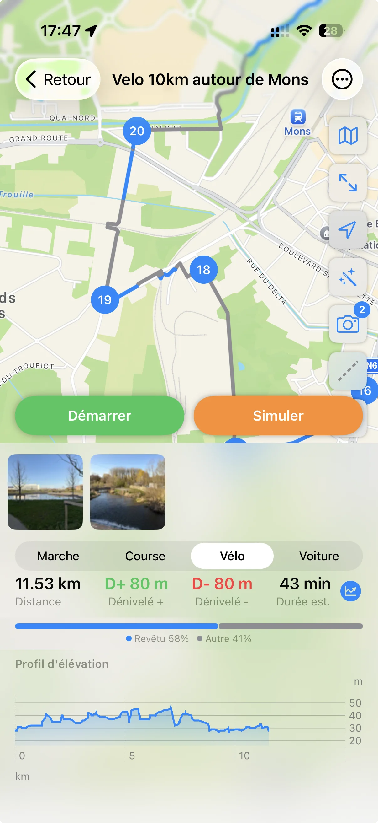 Aperçu d'une étape de cyclotourisme avec stats avant départ : 11,53 km, D+ 80 m, D− 80 m, durée estimée 43 min, type de revêtement 58 % asphalte / 41 % autre, profil d'élévation