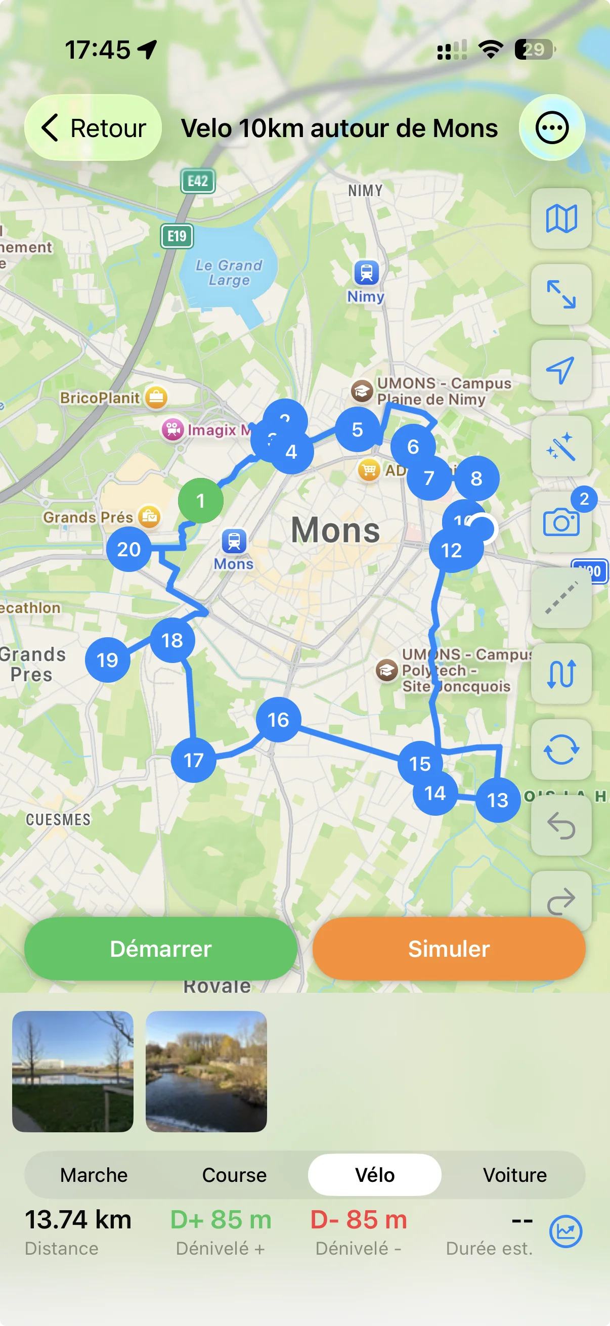 Itinéraire cyclo-tourisme avec 20 étapes autour de Mons : tracé sur la carte, mode Vélo, distance 13,74 km, dénivelé positif 85 m, boutons Démarrer et Simuler