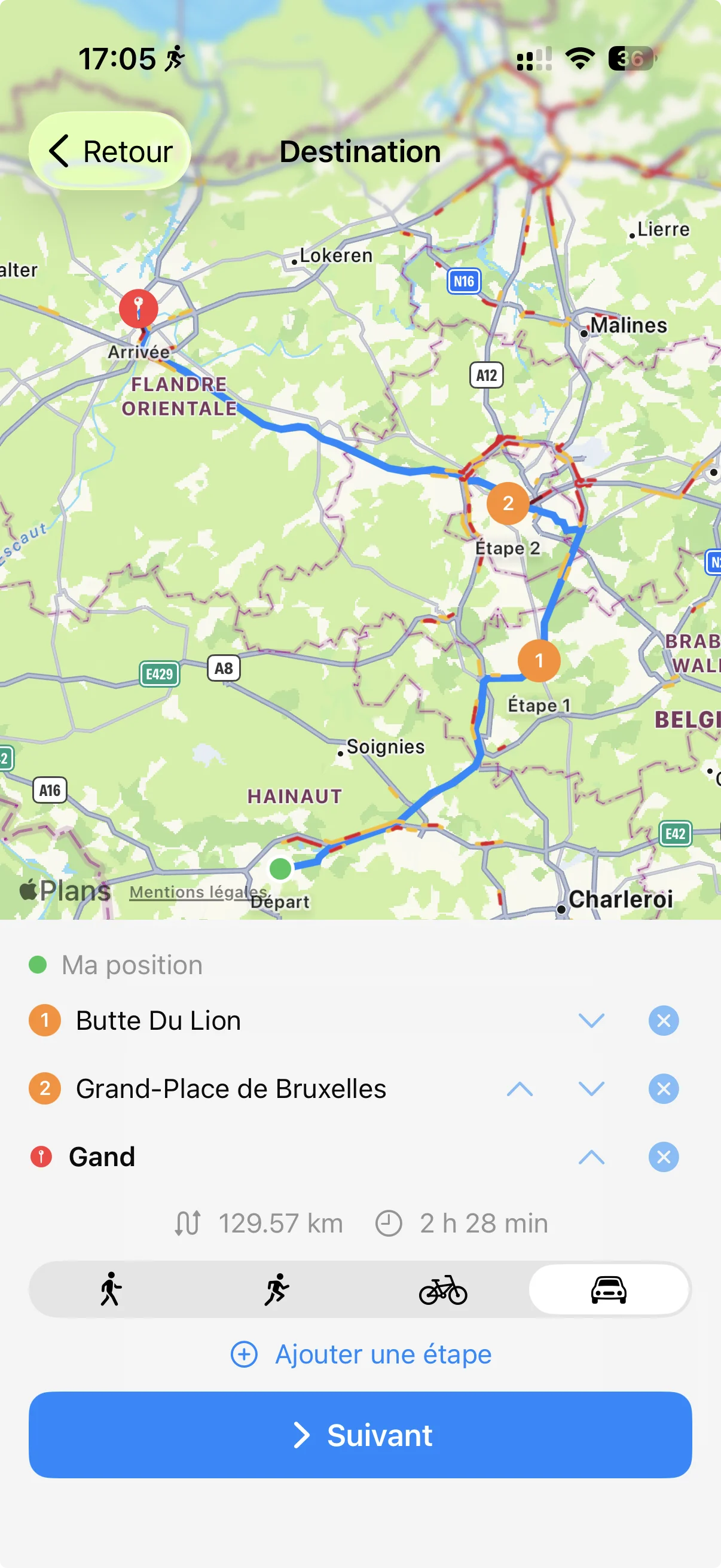 Plan d'un road-trip multi-étapes en Belgique : Mons → Butte du Lion → Grand-Place de Bruxelles → Gand, mode Voiture sélectionné, étapes réordonnables, 129,57 km, 2 h 28 min