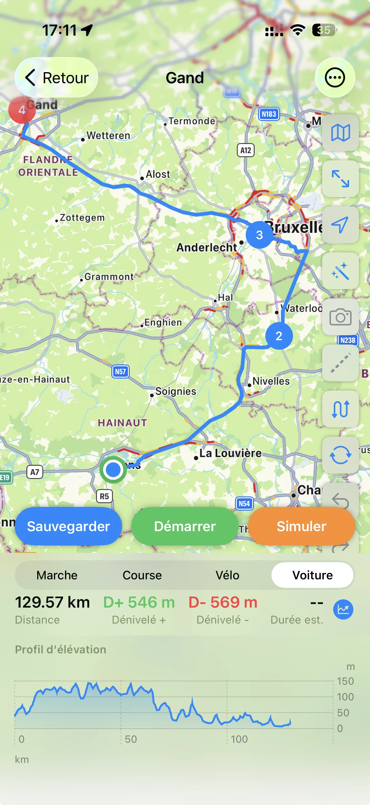Aperçu du parcours voiture sauvegardé : carte avec les étapes numérotées, distance 129,57 km, D+ 546 m, D− 569 m, profil d'élévation, boutons Sauvegarder, Démarrer et Simuler