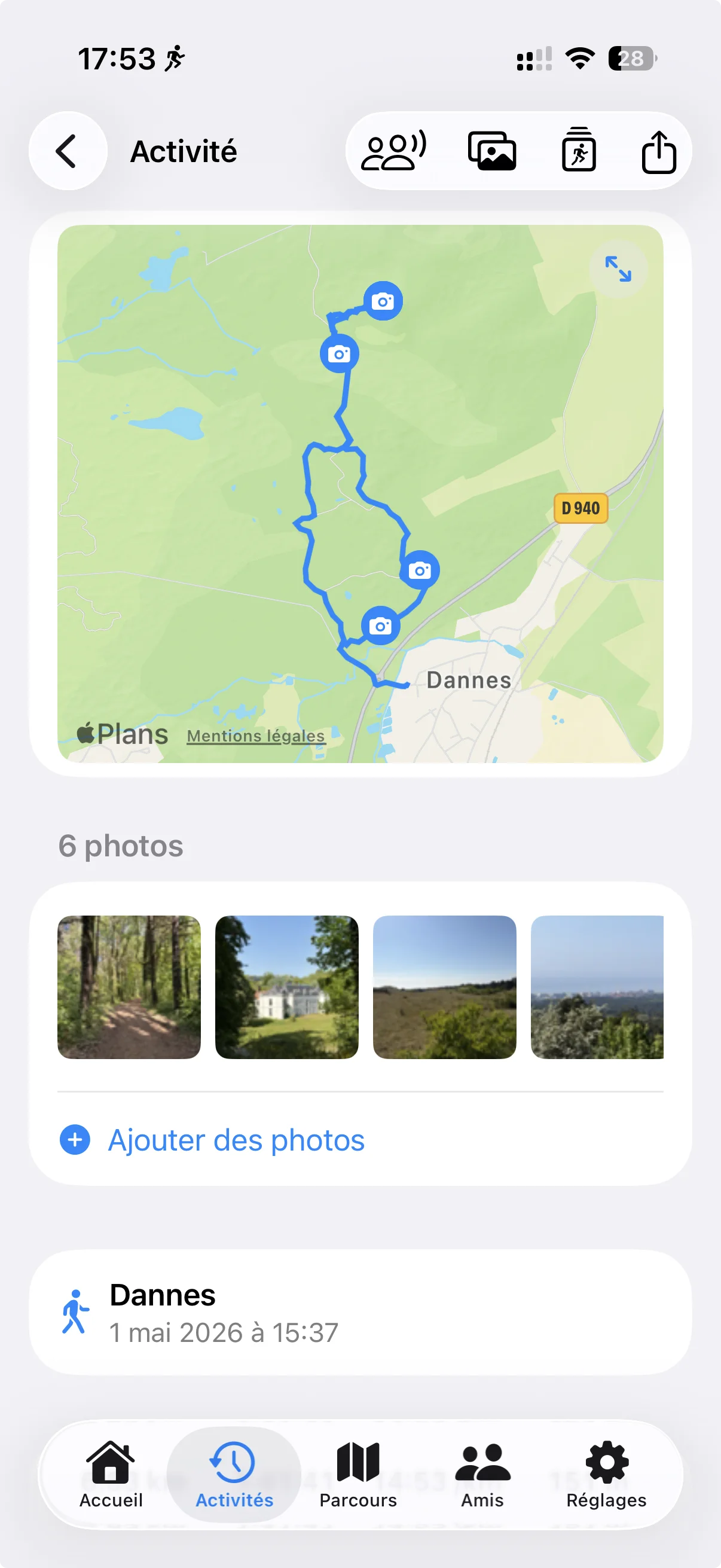 Souvenir de balade à Dannes : carte avec 4 photos géolocalisées épinglées sur le tracé, galerie de 6 photos en dessous (sentiers, cabane, paysages), nom de l'activité « Dannes » du 1ᵉʳ mai 2026