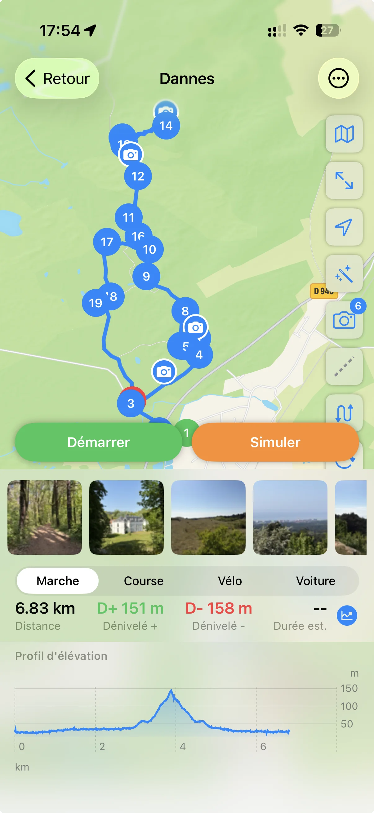 Aperçu d'une randonnée à Dannes : tracé sur la carte avec 19 points de passage numérotés, miniatures de 4 photos déjà ajoutées, mode Marche sélectionné, 6,83 km, D+ 151 m, D− 158 m, profil d'élévation avec une montée centrale